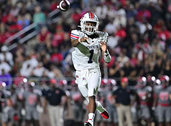 Atascocita quarterback Zion Brown throws a pass against North Shore on Friday, Oct. 27, 2023.